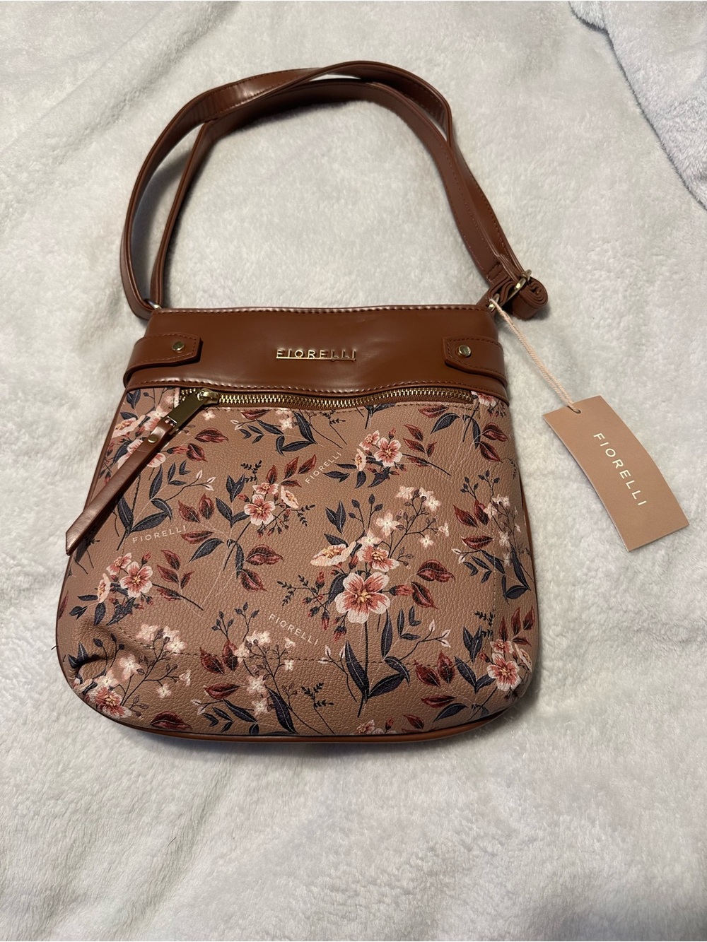 Fiorelli Dusty Rose Floral Crossbody Bag with Brown Trim